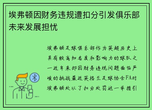 埃弗顿因财务违规遭扣分引发俱乐部未来发展担忧 埃弗顿因财务违规遭扣分引发俱乐部未来发展担忧